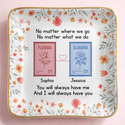 Personalized long distance friendship jewelry dish with floral state stamps for best friends image 8