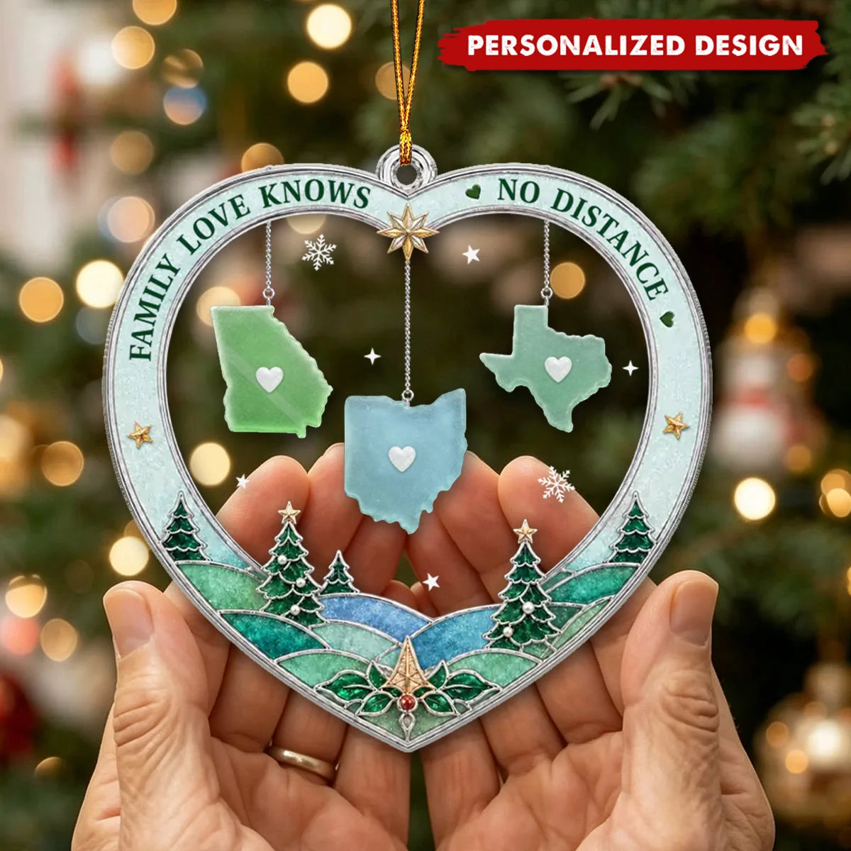"Family Love Knows No Distance" Personalized US State Map Heart Acrylic Ornament - Christmas Gift for Family