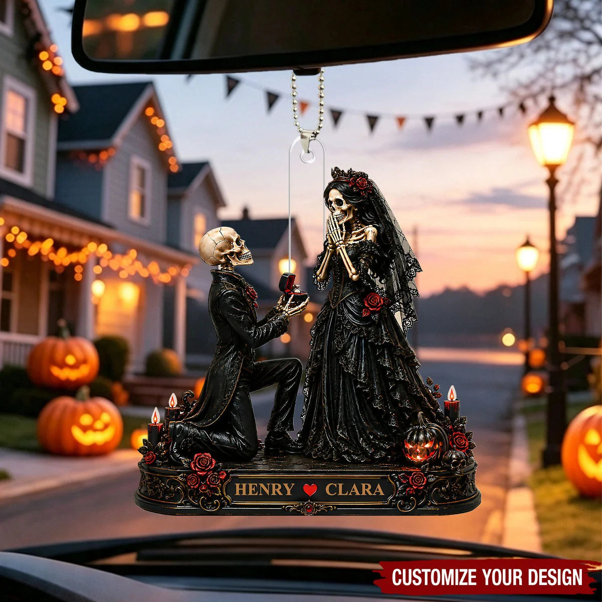 Personalized Skeleton Couple Proposal Car Ornament - Custom Gothic Spooky Halloween Keepsake Gift for Couples