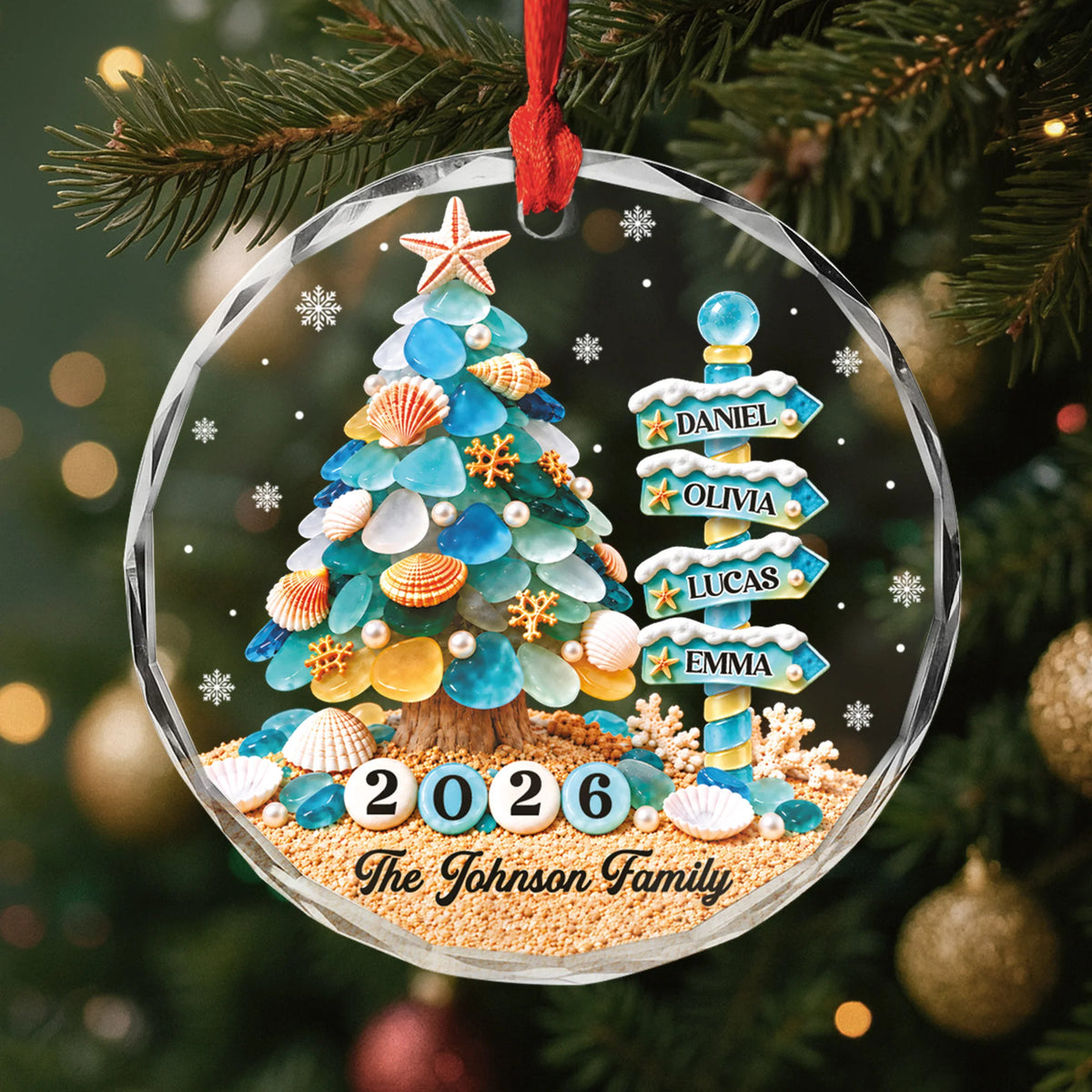 Custom Sea Glass Christmas Tree Family Names Keepsake - Personalized Glass Ornament for Christmas Tree Holiday Decor