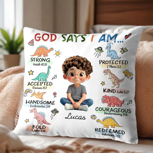 "God Says I Am Strong Protected Kind" Personalized Pillow - Custom Kids Gift