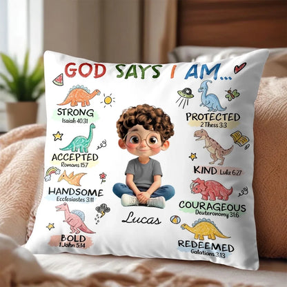 "God Says I Am Strong Protected Kind" Personalized Pillow - Custom Kids Gift