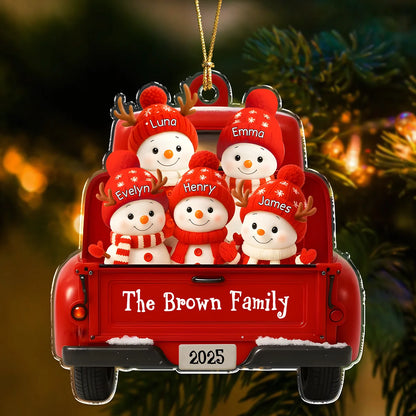 Personalized Snowman Family Red Truck Ornament - Custom Christmas Acrylic Keepsake for Family