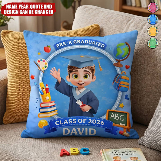 Personalized pre-k graduation pillow featuring a cute cartoon boy graduate for Class of 2026