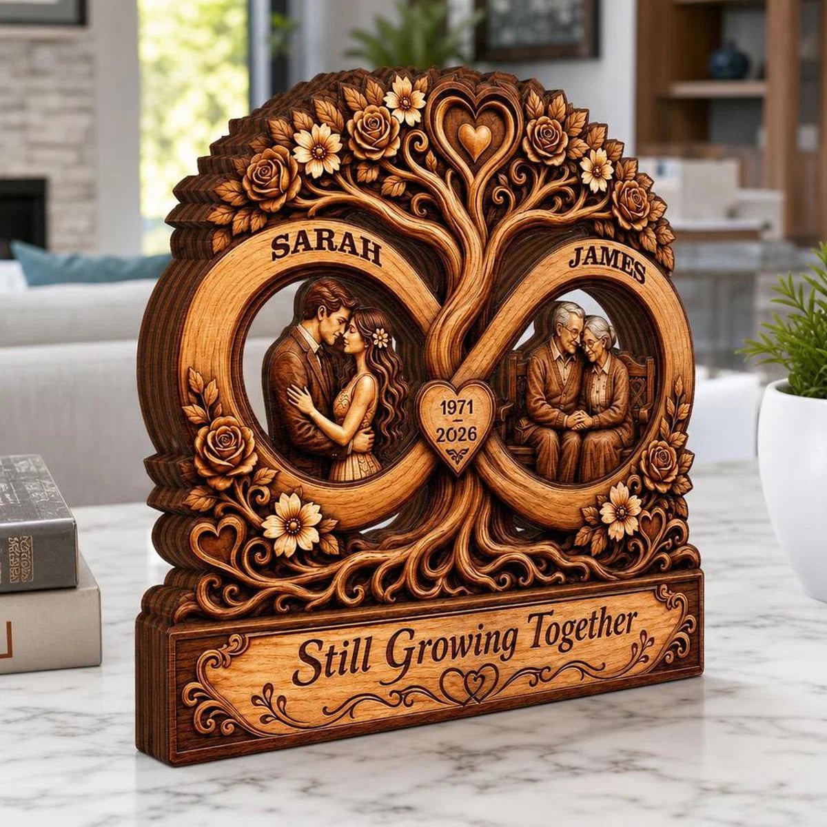 Still Growing Together Infinity Tree Personalized Wooden Block - Custom Couple Anniversary Gift Keepsake