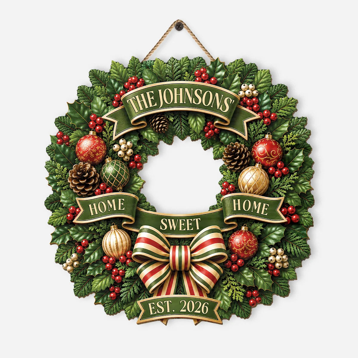 Home Sweet Home Personalized Wood Sign - Custom Christmas Wreath Door Hanger for Family