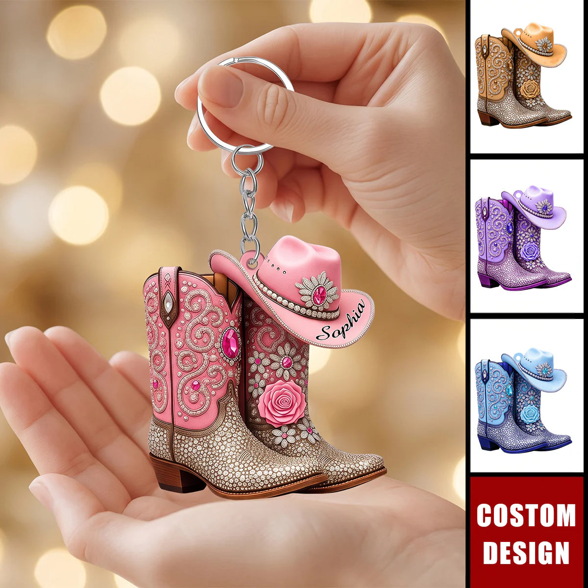 Personalized Cowgirl Boots Acrylic Keychain personalization view for Wife