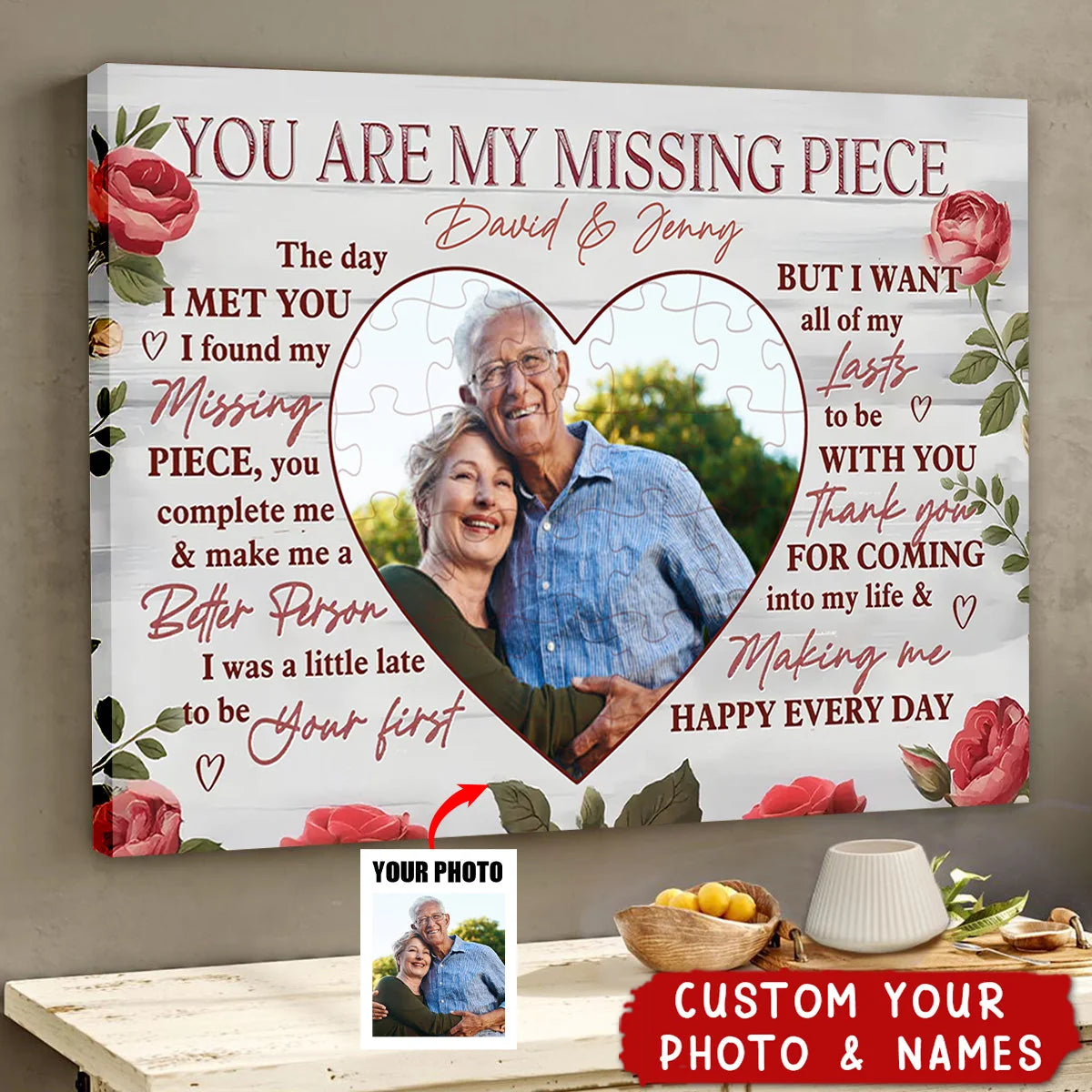 "You Are My Missing Piece" Personalized Couple Canvas / Poster - Custom Photo Anniversary Wall Art for Husband & Wife
