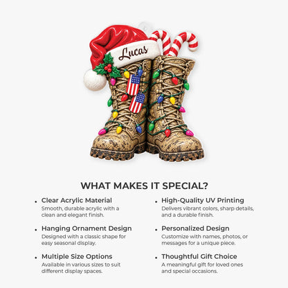 Personalized Military Boots Acrylic Ornament - Custom Veteran Christmas Gift with Name