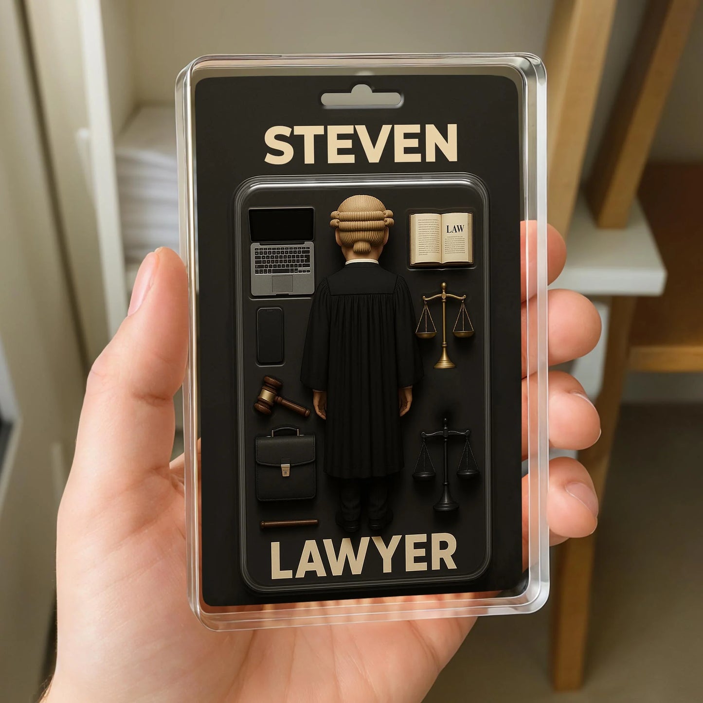 Personalized lawyer acrylic plaque featuring custom name, gavel, and scales of justice for attorney desk decor