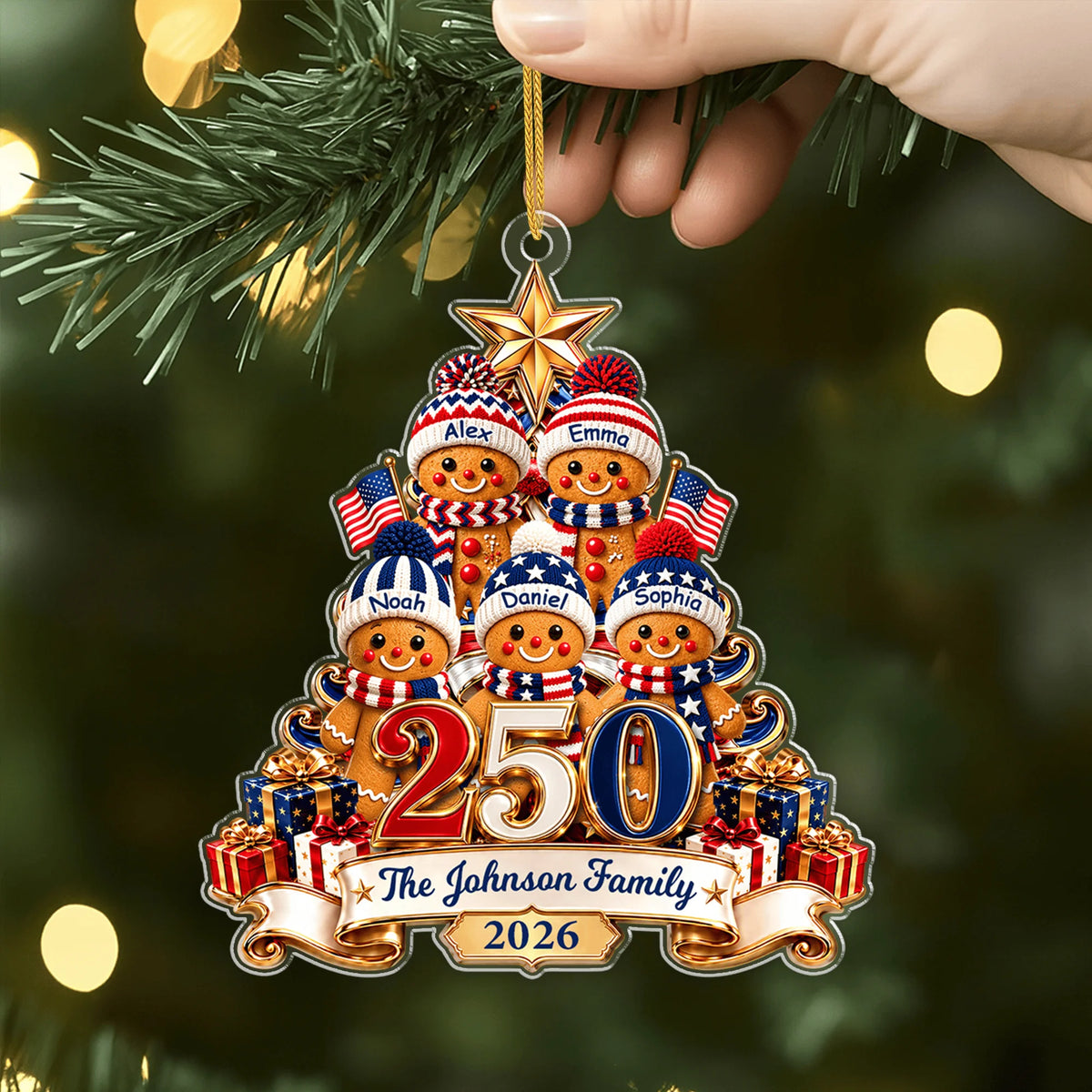 USA 250th Anniversary Personalized Gingerbread Family Acrylic Ornament - Custom Keepsake Christmas Gift
