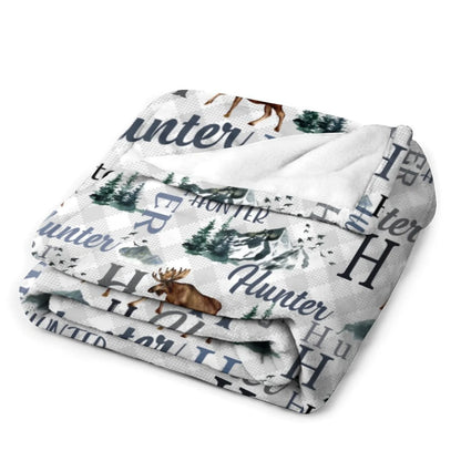 Personalized Moose Name Blanket - Custom Mountain Outdoors Throw Blanket for Nursery and Camping