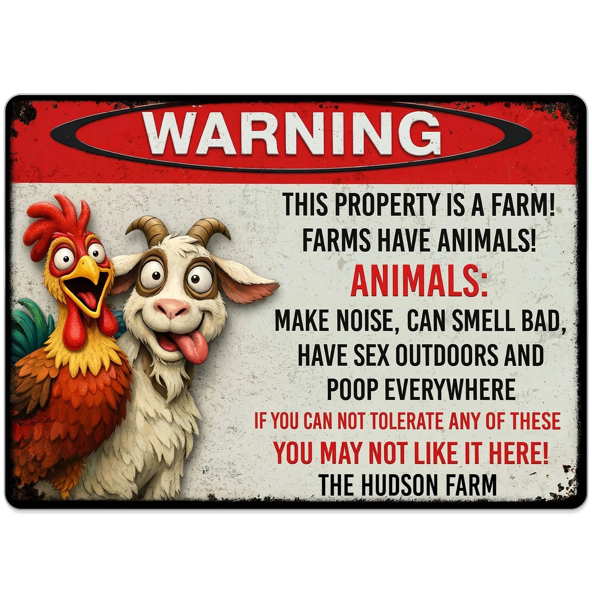 Personalized metal sign with a funny warning about farm animals, a cartoon rooster, and a goat on a wooden fence. image 10