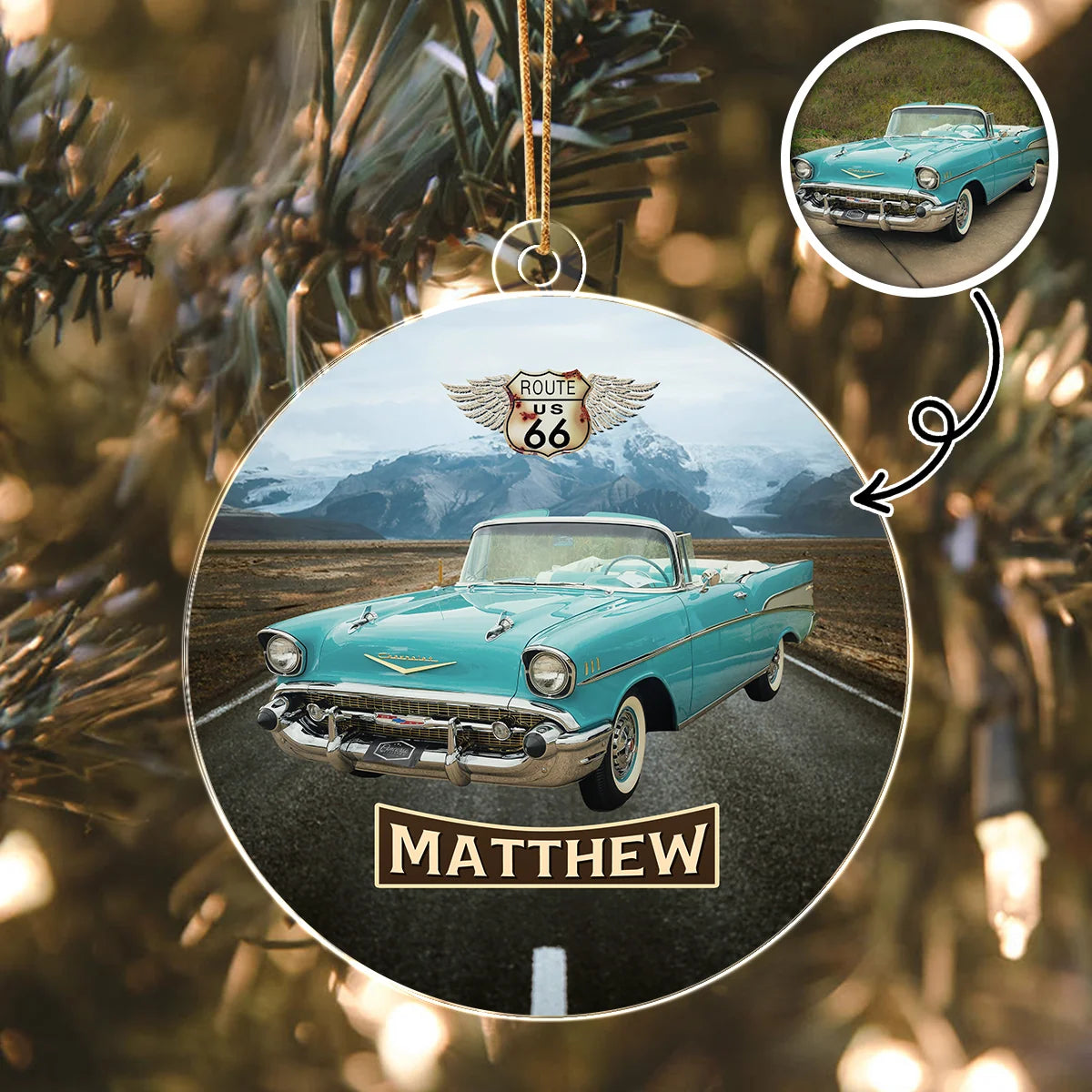 Route 66 Vintage Style - Personalized Car Photo Acrylic Ornament Gift for Car Lovers