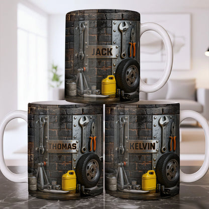 Personalized Mechanic Coffee Mug - Custom Name Metal Tool & Wheel Design Gift for Car Lovers