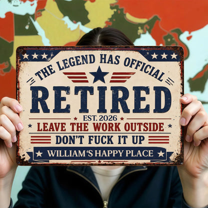 Custom retirement metal sign with stars and stripes reading The Legend Has Official Retired on a wooden fence image 6