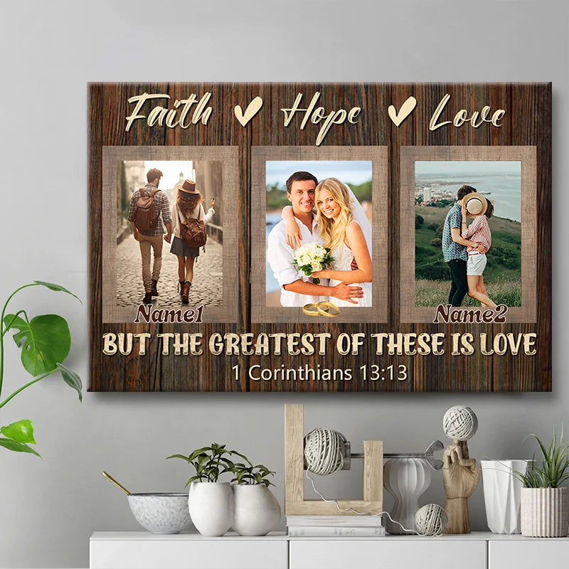 Faith Hope Love Personalized Anniversary Canvas / Poster - Custom Couple Photo Wall Art Gift