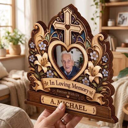 In Loving Memory Custom Photo Cross Wooden Block - Personalized Memorial Keepsake Gift for Family