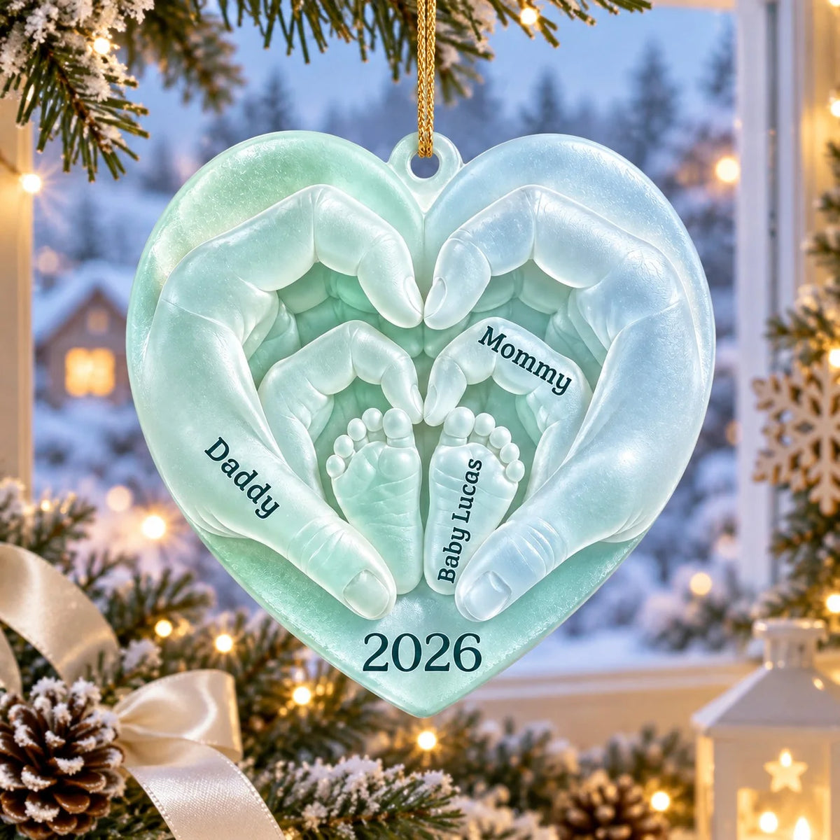 Daddy Mommy Baby Hands Heart - Personalized Acrylic Christmas Ornament for New Parents