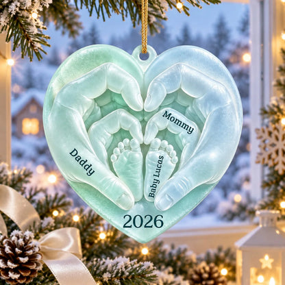 Daddy Mommy Baby Hands Heart - Personalized Acrylic Christmas Ornament for New Parents