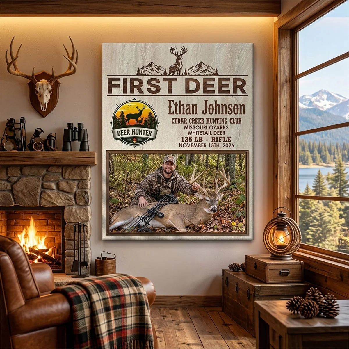 First Deer Personalized Hunting Photo Canvas / Poster - Custom First Buck Trophy Keepsake Gift for Dad & Son