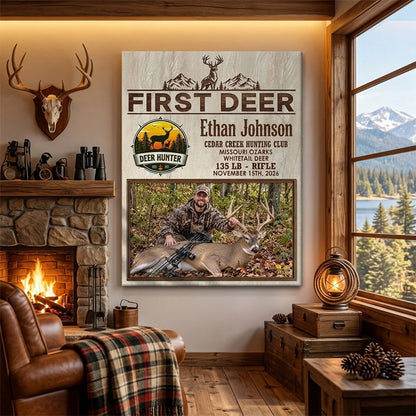 First Deer Personalized Hunting Photo Canvas / Poster - Custom First Buck Trophy Keepsake Gift for Dad & Son