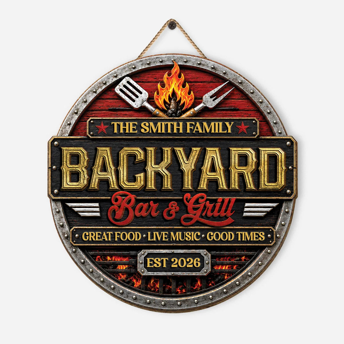 Backyard Bar and Grill Personalized Wood Sign - Custom BBQ Patio Decor Gift for Family