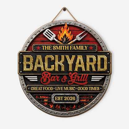 Backyard Bar and Grill Personalized Wood Sign - Custom BBQ Patio Decor Gift for Family