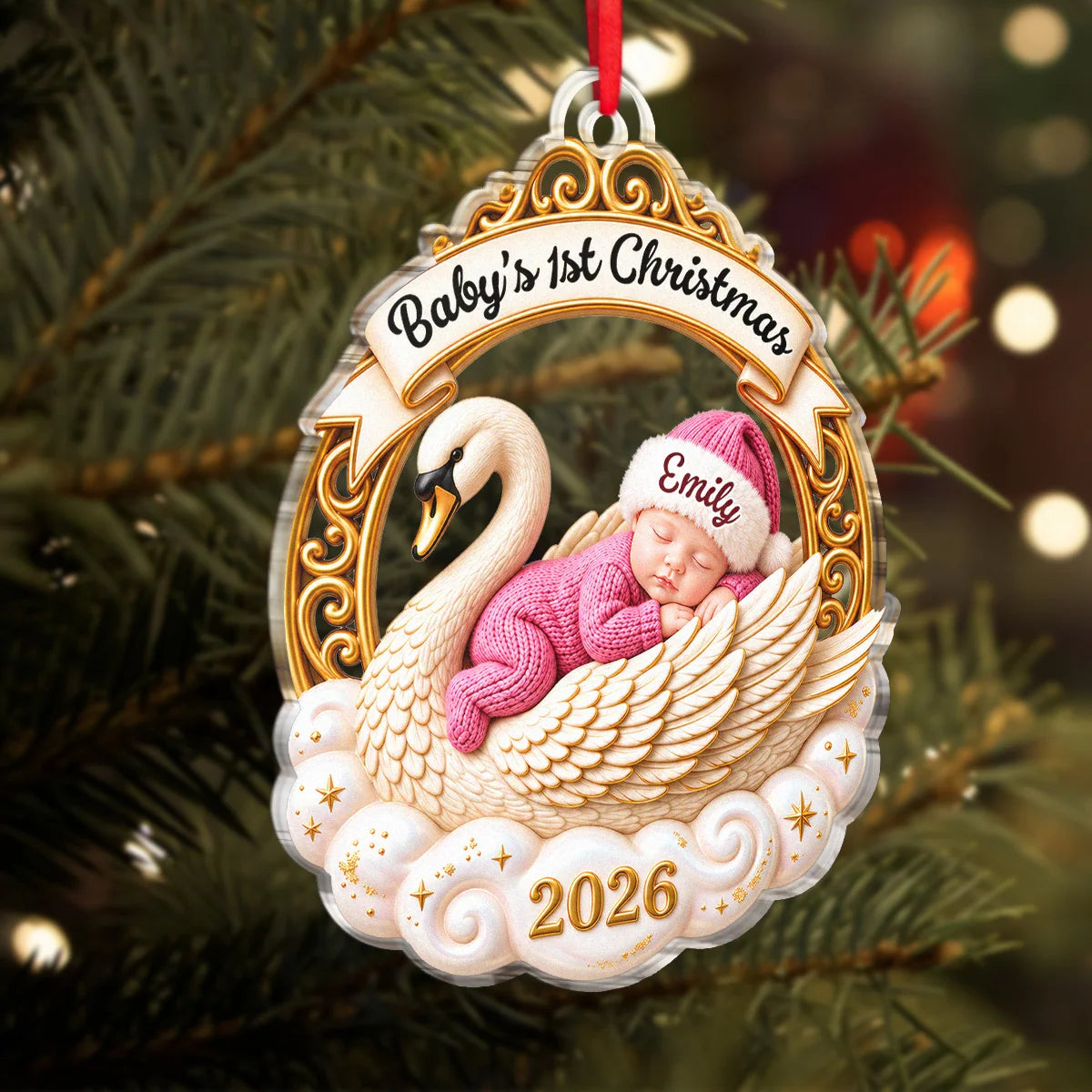 Baby's 1st Christmas Sleeping Swan Custom Acrylic Ornament - Personalized First Christmas Keepsake Gift for New Parents