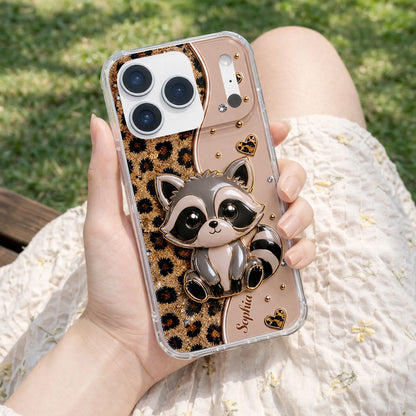 Personalized clear phone case featuring cute raccoon and 3D glitter leopard print custom gift for women image 10