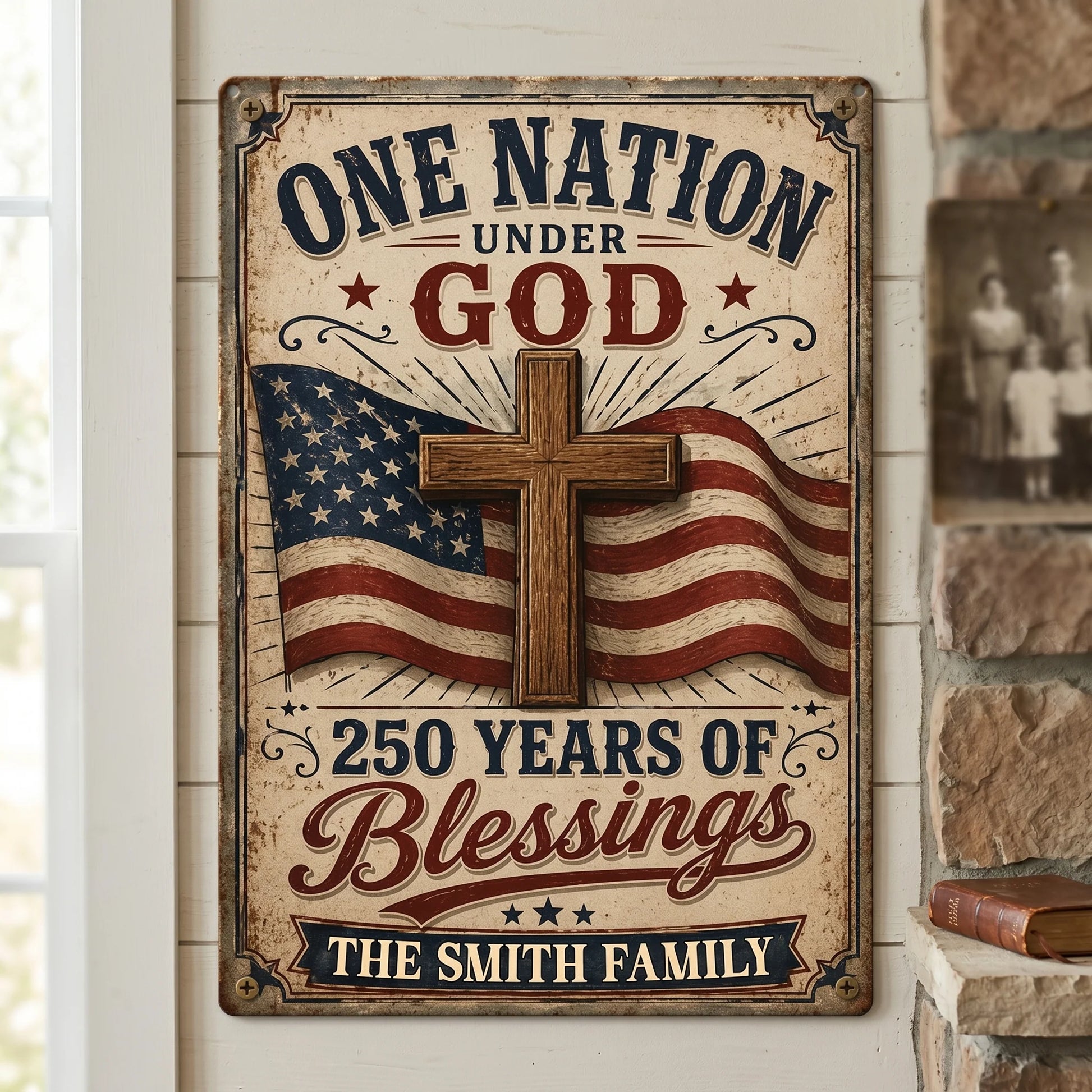 Custom One Nation Under God Metal Sign personalization view for Family