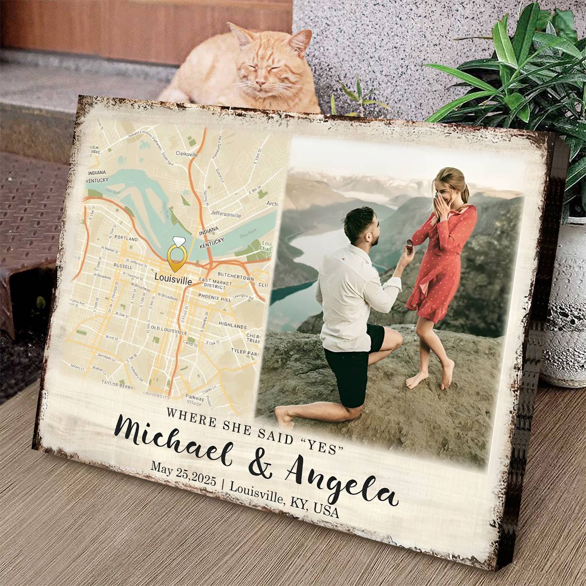 Custom map canvas print featuring a personalized proposal location and couple photo for an engagement gift image 7