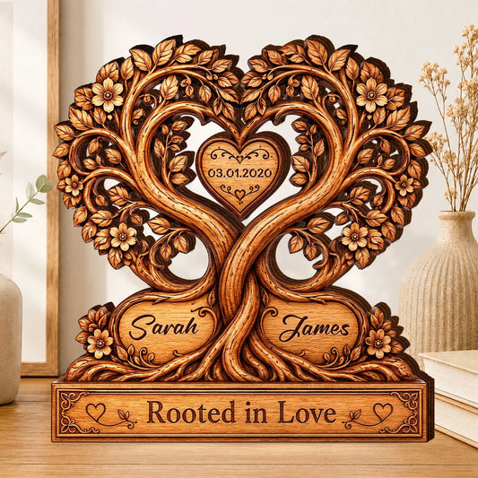 Rooted In Love Heart Tree Personalized Couple Wooden Block - Custom Anniversary Gift