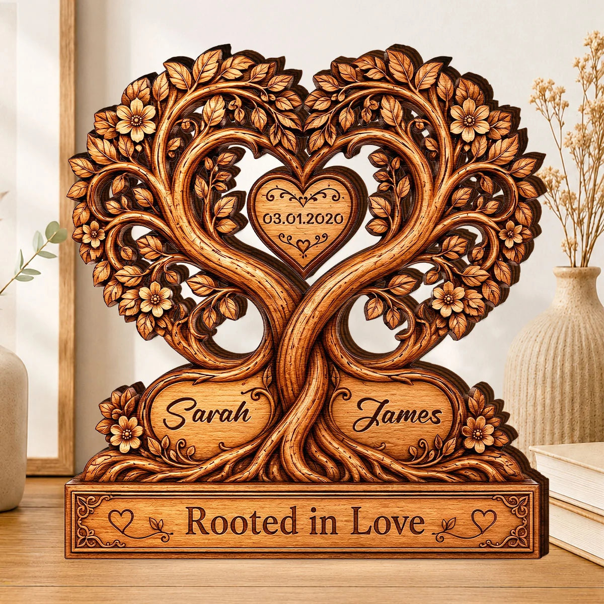 Rooted In Love Heart Tree Personalized Couple Wooden Block - Custom Anniversary Gift