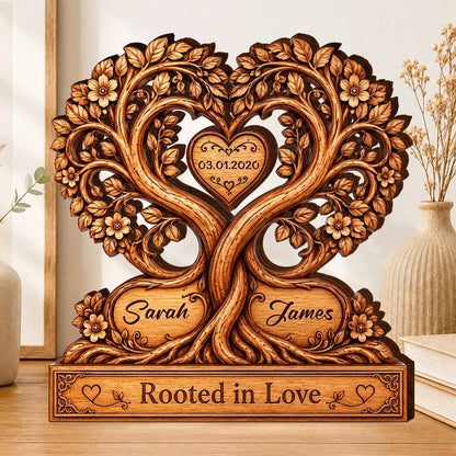 Rooted In Love Heart Tree Personalized Couple Wooden Block - Custom Anniversary Gift