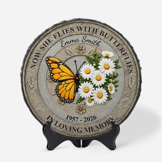 Personalized memorial garden stones featuring a 3D butterfly and birth month flowers with custom name text