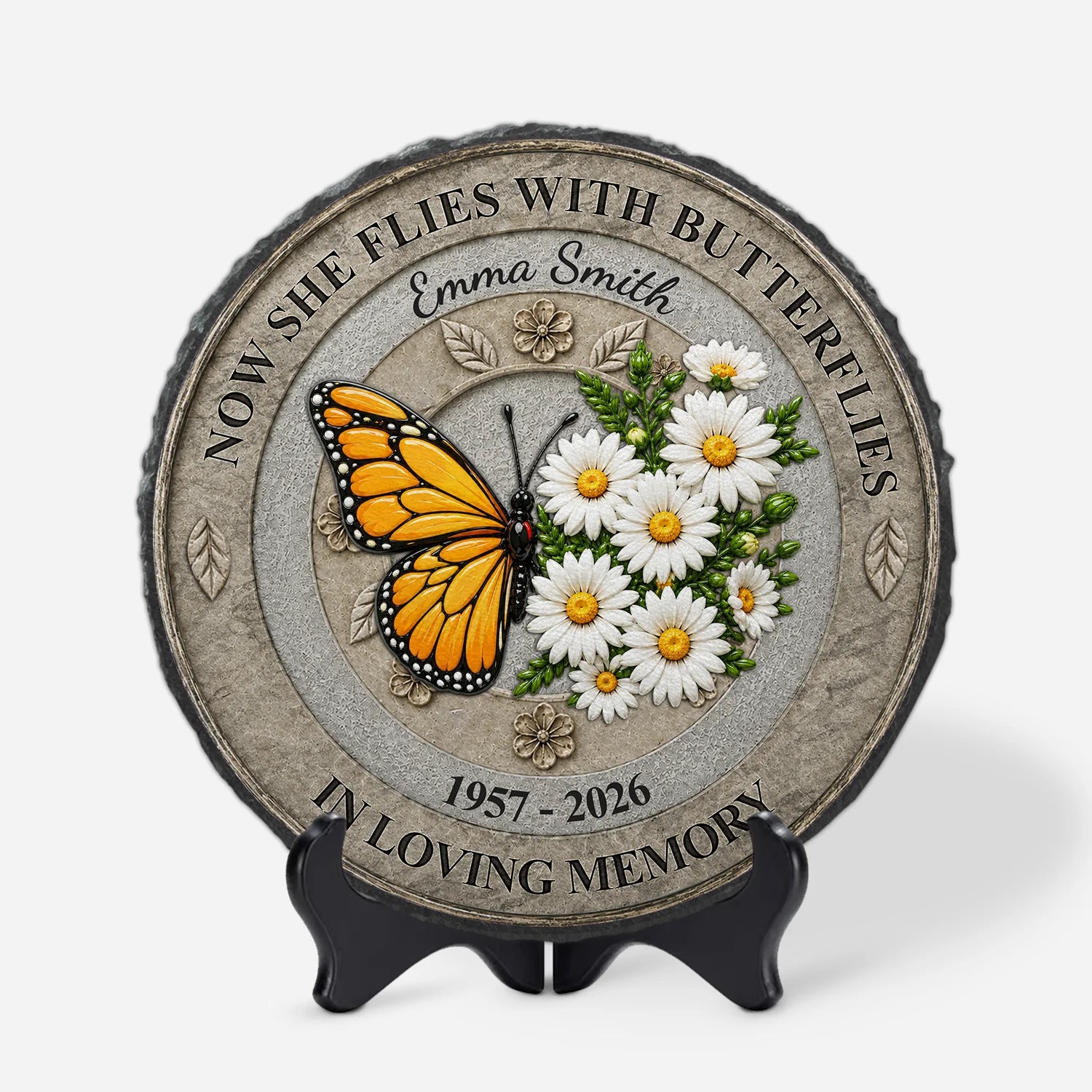 Personalized memorial garden stones featuring a 3D butterfly and birth month flowers with custom name text