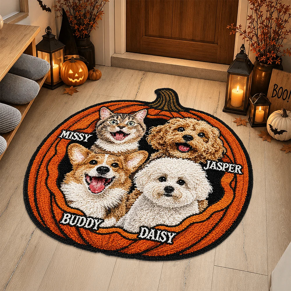Personalized Dog Cat Halloween Pumpkin Shaped Doormat - Custom Pet Name Accent Mat