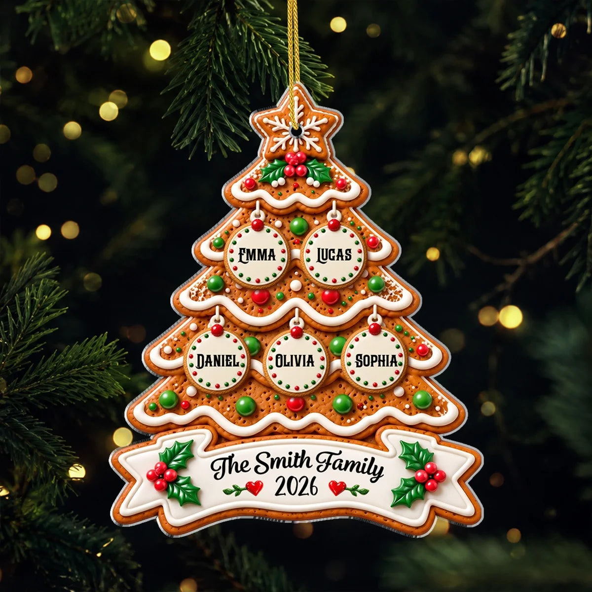 Custom Gingerbread Family Tree Acrylic Ornament - Personalized Holiday Keepsake Gift