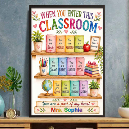 Personalized teacher appreciation poster with bookshelf design and custom classroom heart message