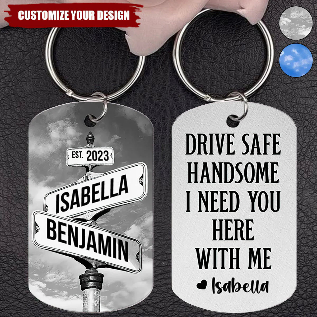 Personalized drive safe keychain with custom vintage crossroads street signs, unique anniversary gift for boyfriend