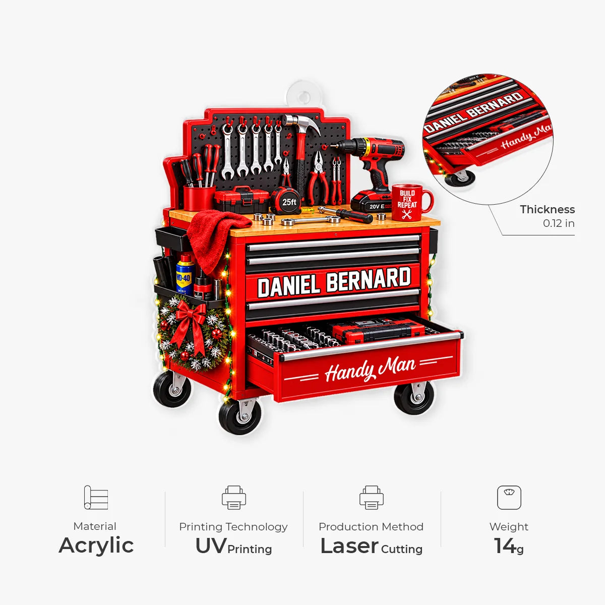 HandyMan Garage Tool Box Custom Acrylic Ornament - Personalized Tool Chest Christmas Gift