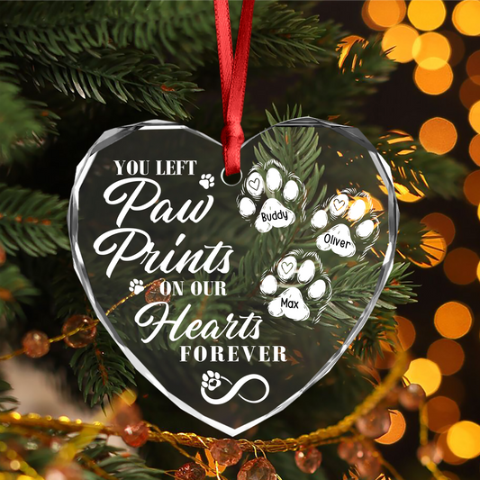 "You Left Paw Prints On Our Hearts Forever" Personalized Glass Ornament - Custom Pet Memorial Keepsake for Dog Lovers