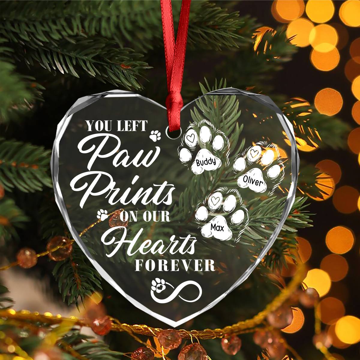"You Left Paw Prints On Our Hearts Forever" Personalized Glass Ornament - Custom Pet Memorial Keepsake for Dog Lovers