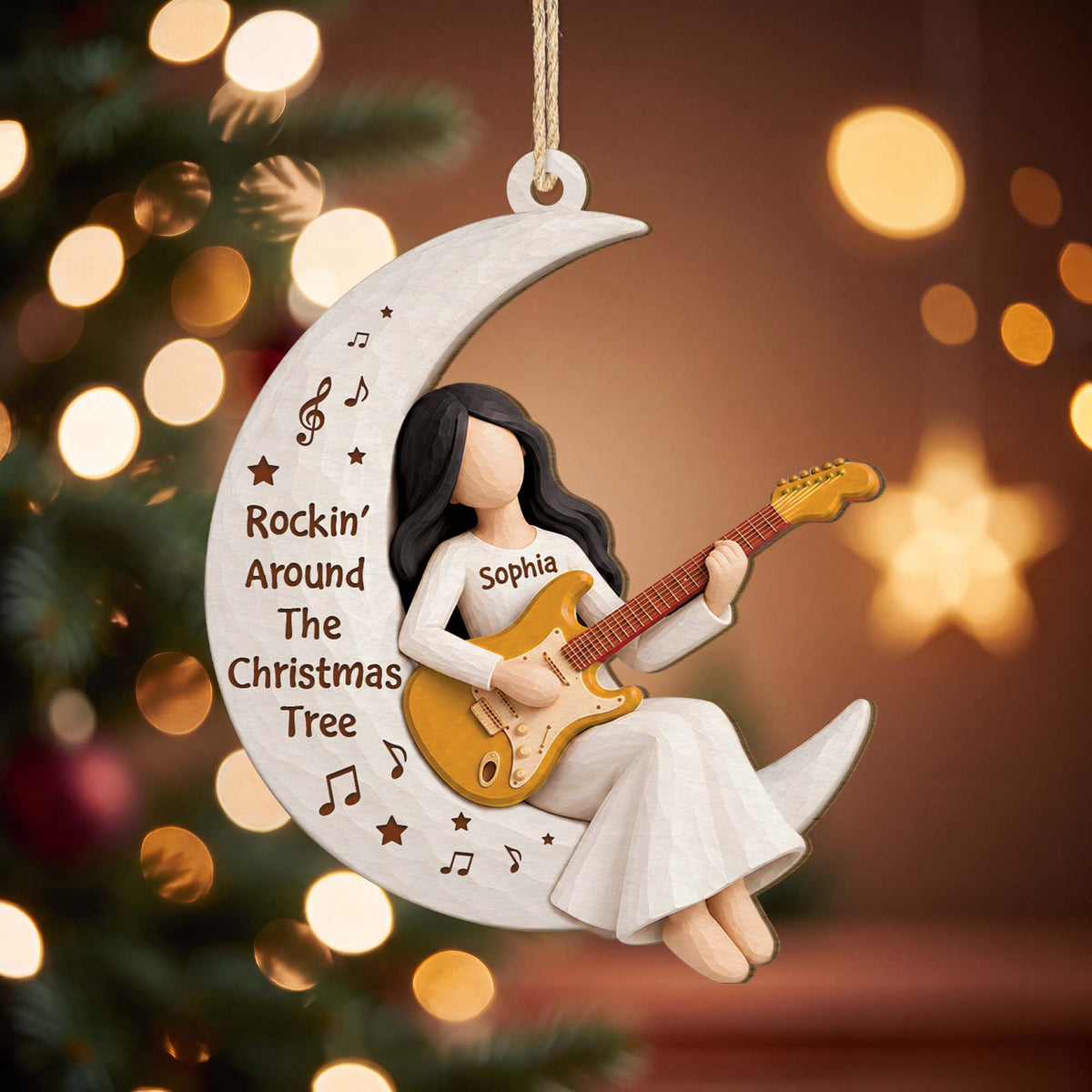Rockin' Around The Christmas Tree Personalized Wooden Ornament - Custom Gift for Guitar Lovers