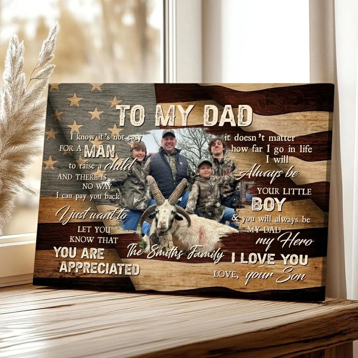 Personalized hunting canvas gift for dad featuring a custom family photo over an American flag backdrop