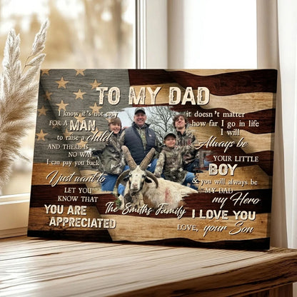 Personalized hunting canvas gift for dad featuring a custom family photo over an American flag backdrop
