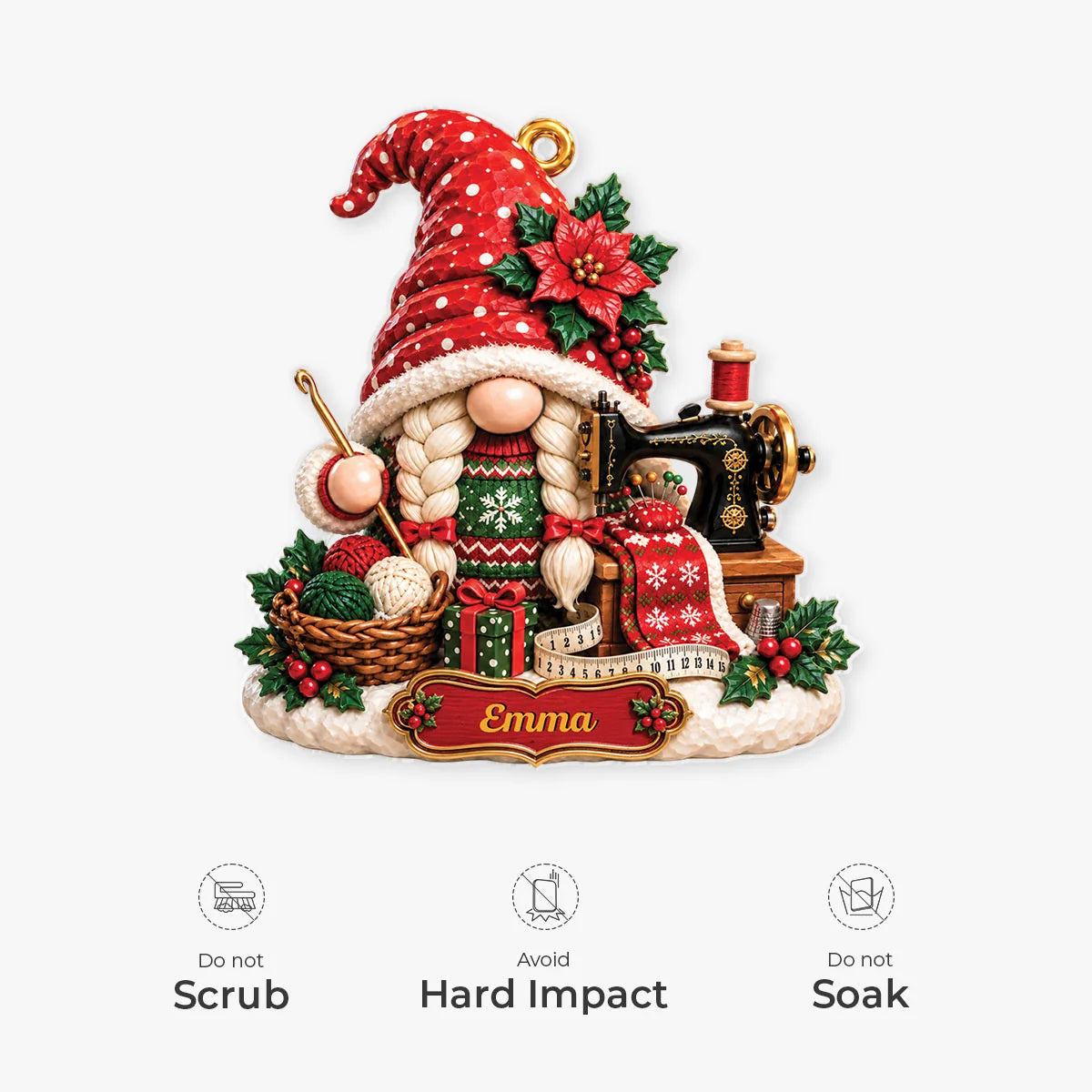 Christmas Sewing Gnome Personalized Acrylic Ornament - Holiday Keepsake Gift for Crafters