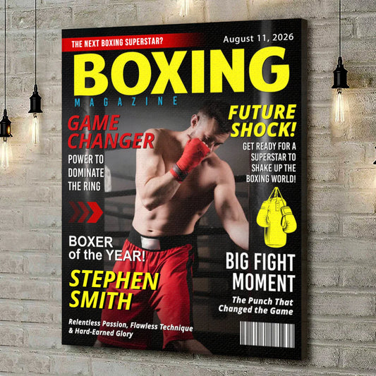 Custom boxing magazine cover canvas print featuring a personalized boxer photo and name - unique gift for fighters