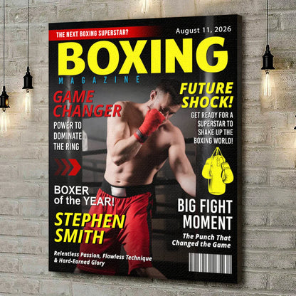 Custom boxing magazine cover canvas print featuring a personalized boxer photo and name - unique gift for fighters